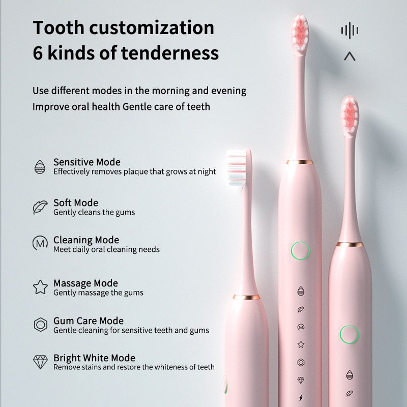 Electric Sonic Toothbrush Rechargeable for Adults 6 Modes Electronic Tooth Brushes Smart Timer with Replacement Heads Waterproof