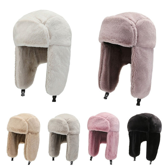 Fashion Women Winter Warm Faux Fur Bomber Hats Black White Solid Color Thicken Earflap Caps Autumn Winter Ear Protect Ski Hat