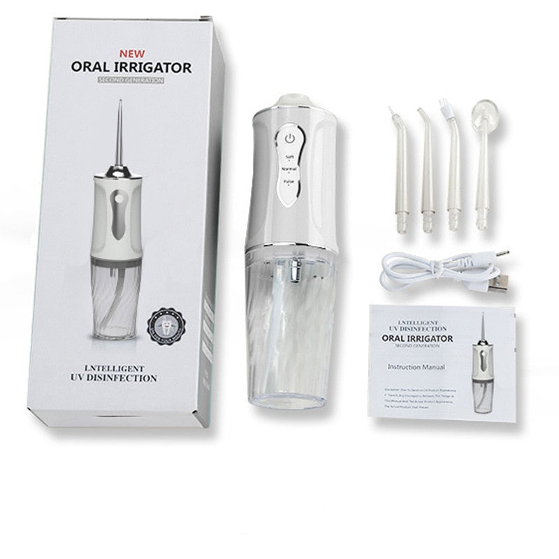 Portable Oral Irrigator Rechargeable USB Water Dental Flosser UV Sterilization 3 Modes Water Jet Floss Pick 220ml 4 Nozzle