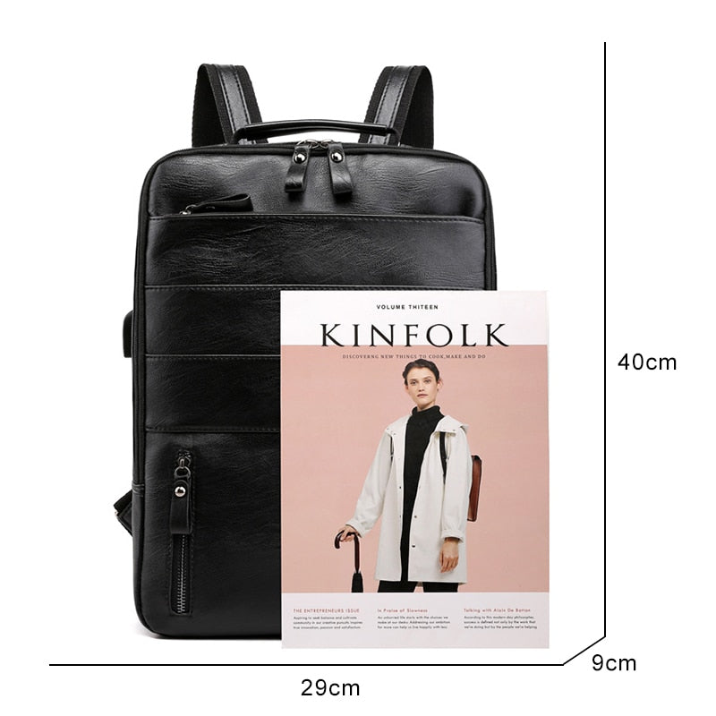 Business Backpacks For Men Waterproof PU Leather Laptop Bag Large Capacity USB Charging Rucksack Male Fashion Bagpack