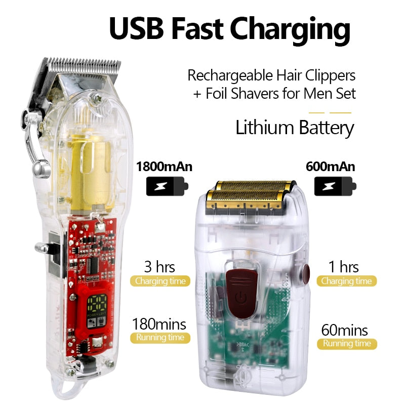 New Transparent Professional Rechargeable Hair Clipper Shaver Grooming Kit Trimmer Beard Razor Hair Cutting Machine Men LCD