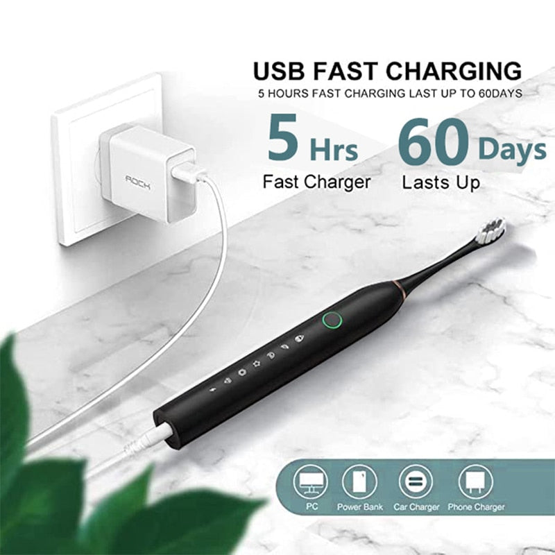 New Electric Sonic Toothbrush Rechargeable for Adults 6 Modes Electronic Tooth Brushes Smart Timer with Replacement Heads Waterproof