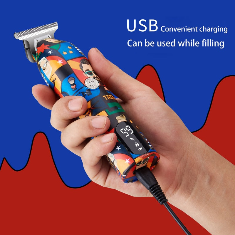 Professional Hair Clipper Barber Rechargeable Graffiti Electric Finish Cutting Machine Beard Trimmer Shaver Cordless Work