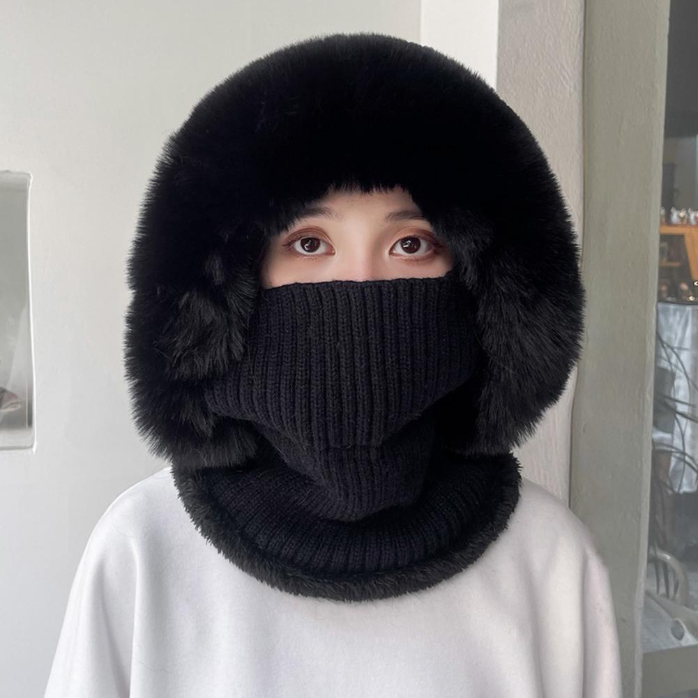 Knitted Hat Pompom Plush Ears Protection Solid Color Autumn Winter Women Face Cover Neck Gaiter Warmer Beanie Cap for Ski