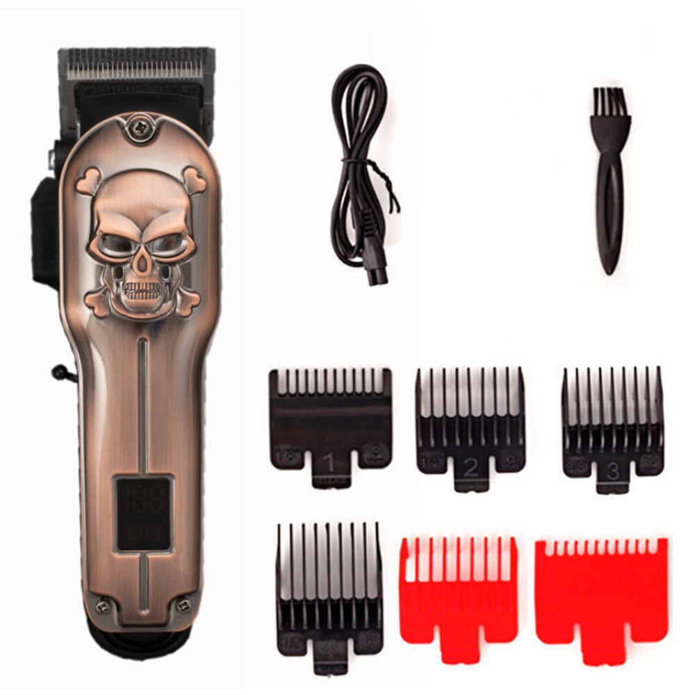 LCD Display Retro Skull Type Hair Clipper,Four Gears Titanium Alloy Blade Trimmer,2000mAh Metal Body Oil Head Haircut Machine