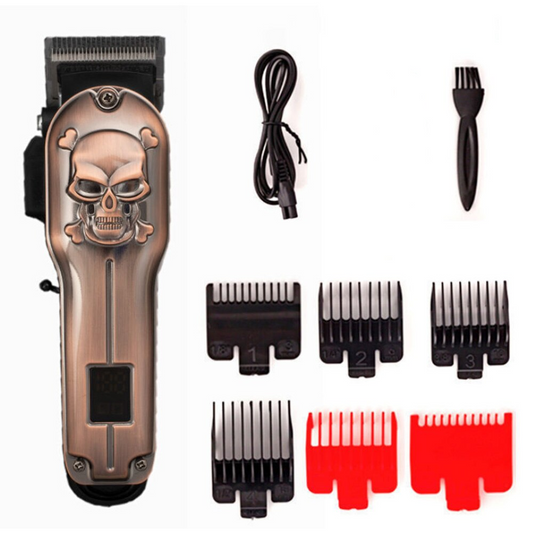 LCD Display Retro Skull Type Hair Clipper,Four Gears Titanium Alloy Blade Trimmer,2000mAh Metal Body Oil Head Haircut Machine